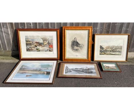 A Victorian print of the Earl of Cork and Orrery in birds eye maple frame together with other more modern framed prints inclu