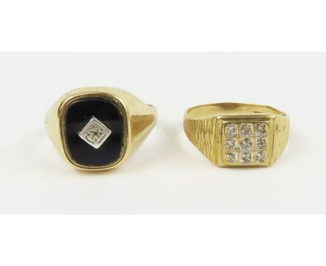 A 9ct gold signet ring set with diamond chips in a square shape, finger size R 1/2; and a 9ct gold signet ring set with a bla