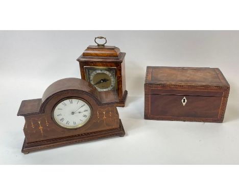 An early 19th century inlaid mahogany teacaddy, 24cm wide; an inlaid mahogany cased mantel clock and a walnut cased mantel ti