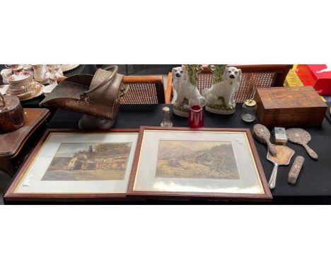 A silver backed dressing table set, along with a pair of Staffordshire dogs, watercolours and other items 