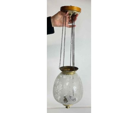 A mid 20th century hanging oil lamp with etched glass shade, in original box