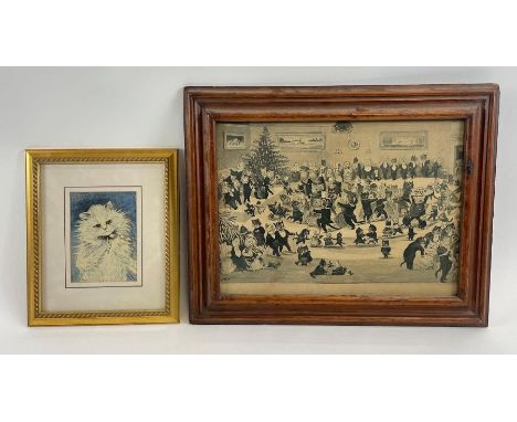 A Louis Wain "Christmas Dance" print, 33cm x 46cm, along with a Louis Wain print of a cat clutching spectacles, 18cm x 13cm 