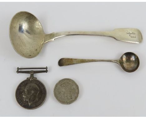 A silver sauce ladle, London, 1825, George Piercy and a silver mustard spoon, 56.8g gross; a WWI British war medal, named 315