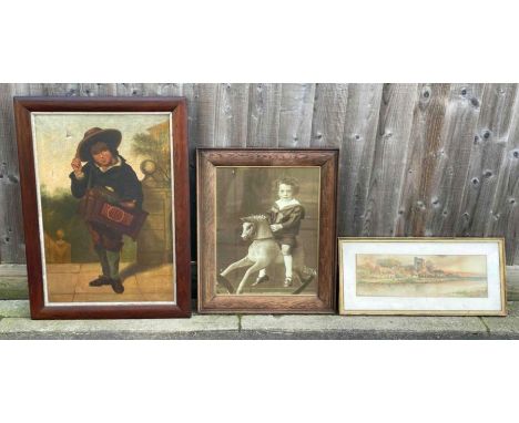 An Edwardian oleograph of standing on boy, along with a print of boy and a watercolour of river scene   