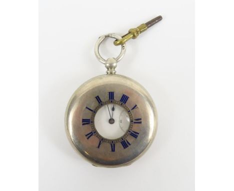 A silver cased half hunter pocket watch, the white dial with black Roman numerals, subsidiary seconds dial and blue steeled h