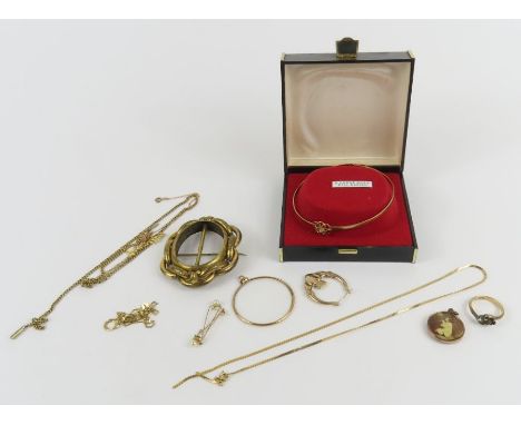 A 9ct gold bangle, two 9ct gold chains, a ring marked '9ct sil set' and a Claddagh hoop earring marked '375', 12.2g gross; to