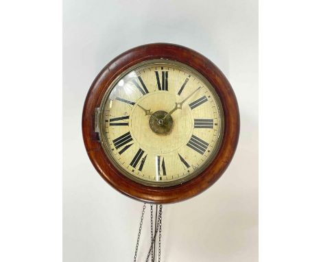 A Victorian postman’s alarm wall clock with twin chain movement striking on a bell, 30cm diameter