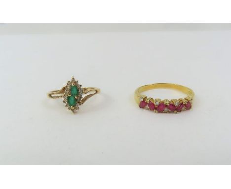 A 9ct emerald and diamond dress ring, finger size O, 1.7g gross; together with a ruby and diamond dress ring, unmarked, finge