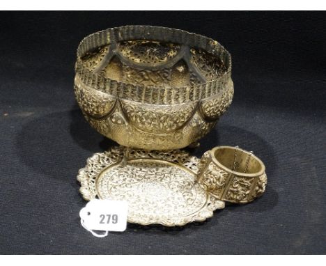     A Possibly Low Grade Silver, Burmese Three Footed Bowl, Together With Similar Salver & Bangle                            