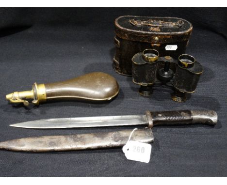     A K98 Bayonet, Together With A Pair Of Binoculars & A Powder Flask              