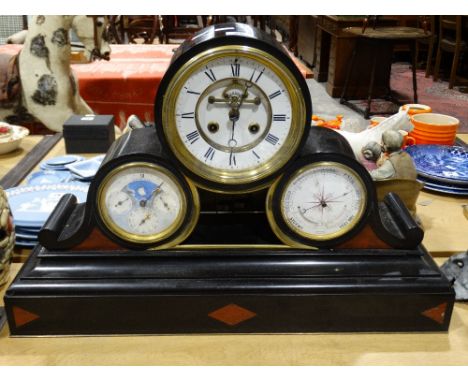      A Large Victorian Black Marble Encased Mantel Clock, With Two Subsidiary Dials, One A Calendar Wheel The Other A Baromet