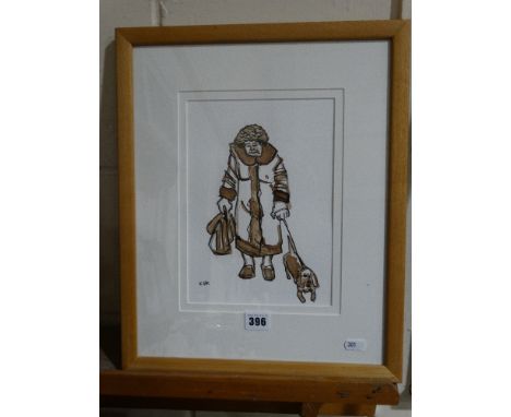     Karel Lek, Watercolour Portrait Of Woman & Dog, Signed                          