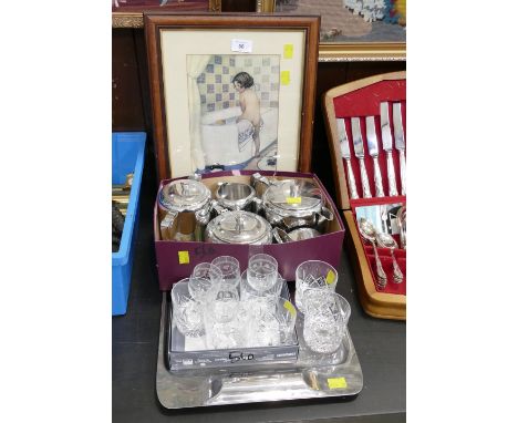 Stainless steel tray and quantity of Old Hall tea service, soap advertising print, glassware etc