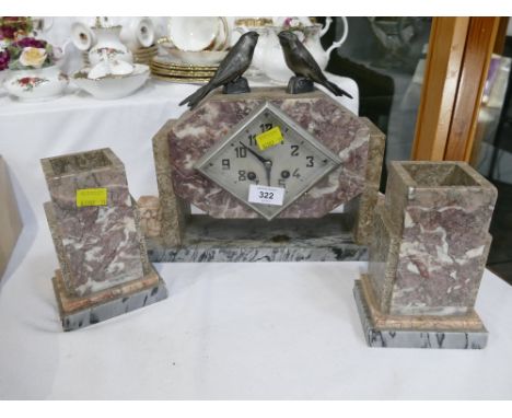 Marble Art Deco mantel clock, topped with bird figures and pair of matching garnitures