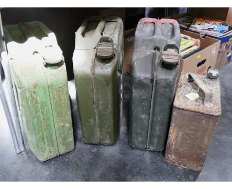 Three green 20 ltr jerry cans and Esso petrol can