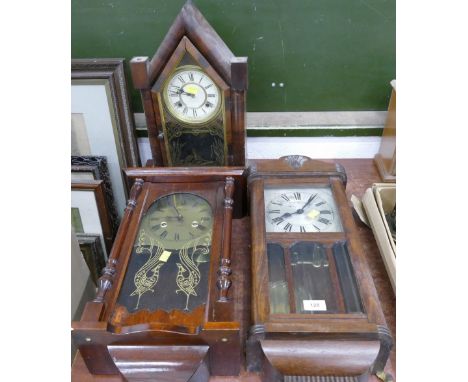 Two wooden wall clocks and mantel clock