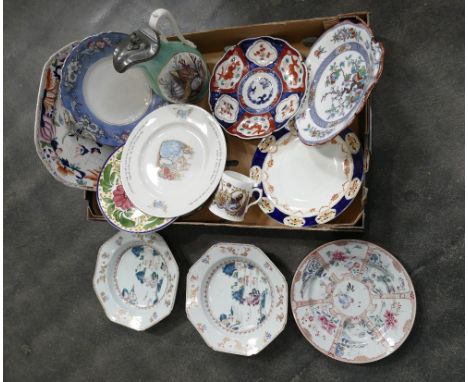 Quantity of decorative plates, handpainted Oriental ceramics, Peter Rabbit and jug decorated with shells (AF)