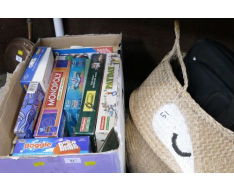 Box of board games, Trivial Pursuit Family Edition, Monopoly World Edition, Waddington Pay Day, fox form clothes hamper, lapt