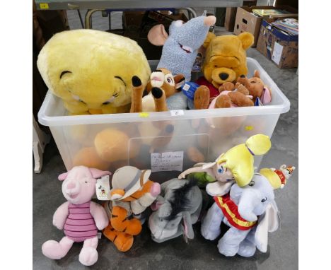 Box of soft toys - Tweetie Pie, Winnie the Pooh, Ratatouille, many with Disney store tags