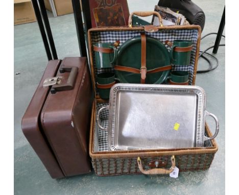 Wicker picnic hamper, small suitcase and metal tray