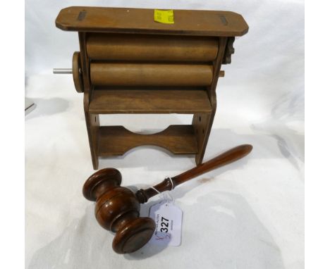 Dolls house sized wooden clothes mangle and antique gavel