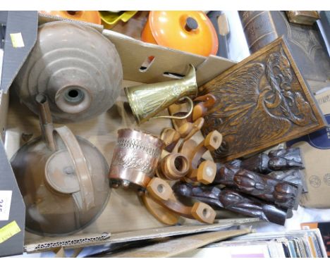 Box of copper vessels, brass JS &amp; S Art Nouveau jug, copper acorn leaf moulded vase marked JS &amp; SB, carved wooden orn