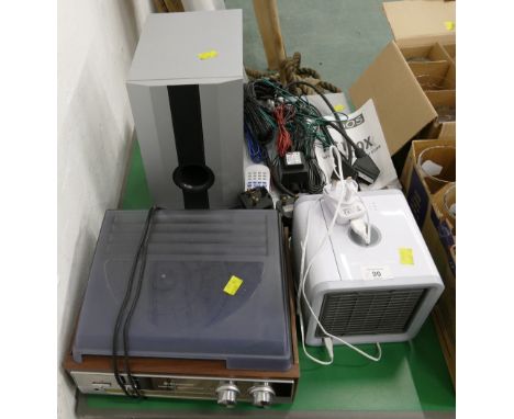 Sound Master turntable with built in speakers, Lodos DVD player and subwoofer and an Artic air cool fan