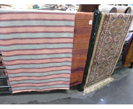 Large patterned and fringed runner, 240 cm x 70 cm, and two lightweight stripey rugs