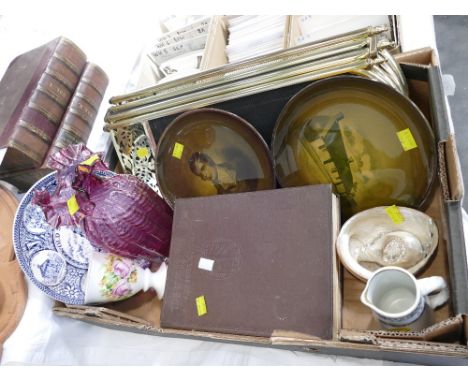 Brass firescreen, shell, vintage book The Hygiene of Life and Safer Motherhood, decorative plates, brass vase etc