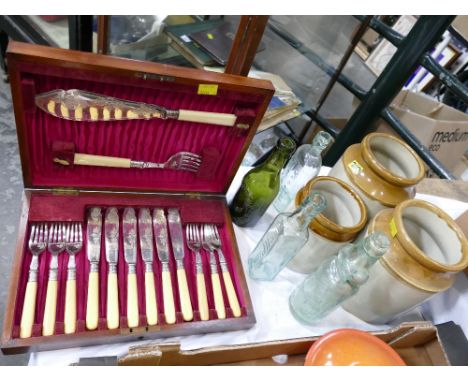 Canteen of cutlery, three stoneware storage jars, four glass brewery bottles, Carlisle, Maryport, Morecambe etc