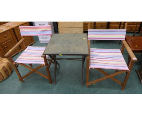 Two modern directors chairs and folding card table