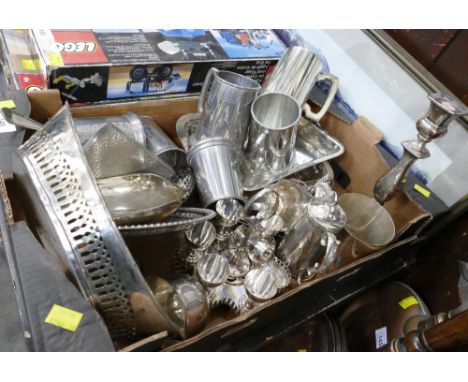 Box of plated ware, pewter, tankards, egg cups, candlestick etc