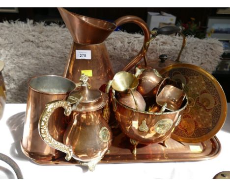Quantity of copper vessels - jugs, kettle, tray etc