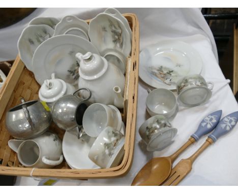 Oriental eggshell part tea set, pewter milk jug and sugar bowl, Jasperware style salad servers etc