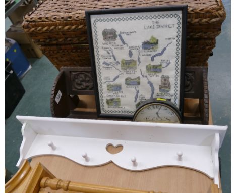 Book trough, wooden shelf peg rack, Lake District tapestry picture and mantel clock