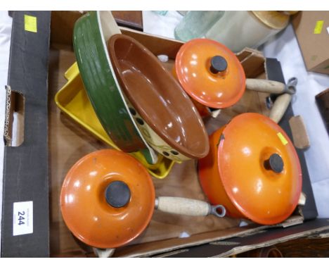 Three vintage Le Creuset orange pans, ceramic baking dishes, Le Creuset, Levi Roots etc