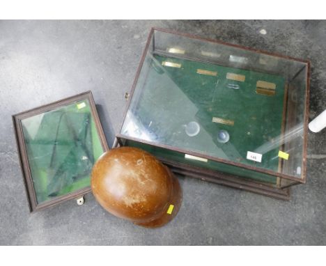 The Carburton Safety helmet Real Dirt Track Equipment, and two antique display cabinets