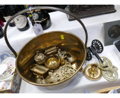 Brass jam pan and quantity of horse brasses, candlestick, metal canon, ornaments etc