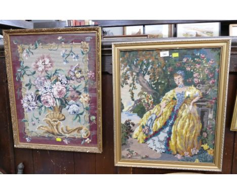 Two framed tapestry pictures, floral and Victorian lady
