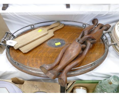 Galleried oak tray, hardwood table/plant stand and butterpats