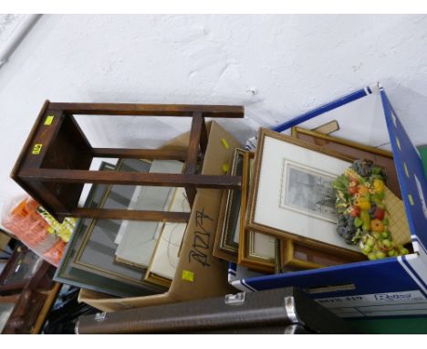Two boxes of pictures and prints and wooden stool