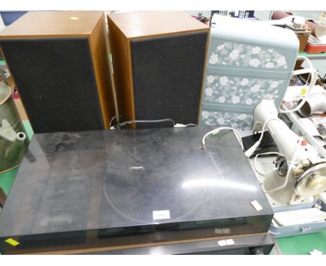 Vintage Hitachi hi-fi stereo music centre Model SDT2690R with speakers and vintage Jones sewing machine