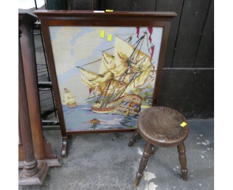 Oak firescreen with ship tapestry insert and wooden stool