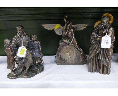 Veronese figure of Jesus with some children, Art Nouveau style clock and another religious figure