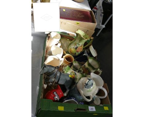 Bible and box of ceramic jugs and ornaments - Staffordshire Ironstone Fruit pattern etc