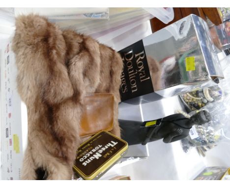 Royal Doulton figurine Sympathy, leather wallet, tobacco tin and fur stole