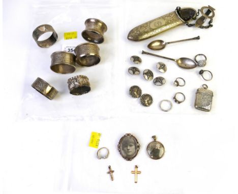 Three silver napkin rings weight +/- 42 grams, white metal spoons, napkin rings, buttons, rings, 9 ct gold photographic brooc