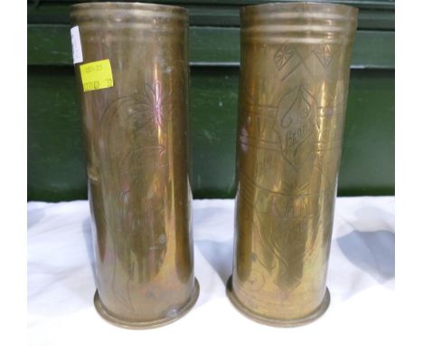 Pair of Trench Art brass ammo shells dated August 1917 and January 1916 souvenir from France