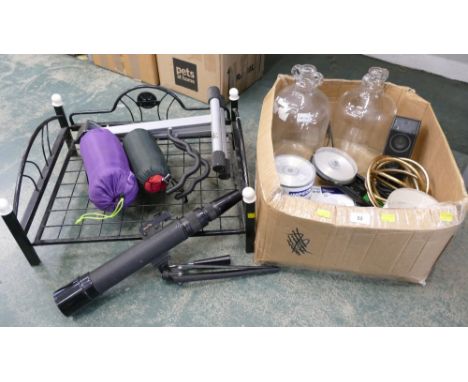 Box of demi-john, glass bottles, CD re-writer discs, telescope, cat bed, camping pillow etc