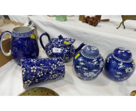 Two blue and white ginger jars (one AF), Shelley jug, Minton teapot and jug in blue and white blossom pattern
